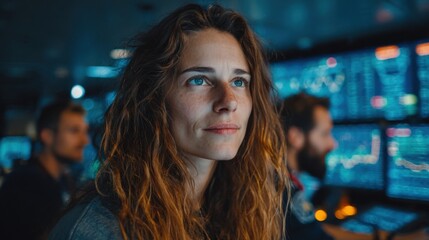Fototapeta premium Focused woman amidst digital screens in a modern environment.