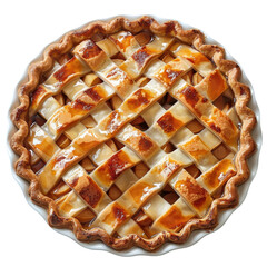 Homemade apple pie with a golden crust and glossy finish cooling on a kitchen counter on transparent background