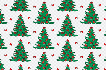 Christmas tree pattern with red bows on a transparent background. Retro Christmas print. Fashionable holiday background, vintage pattern for fabric, wrapping paper, and textiles.