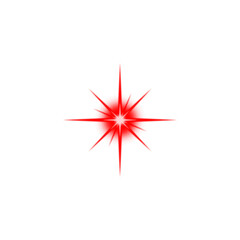 Bright red glowing starburst with light rays and sparkle effect isolated on transparent background.