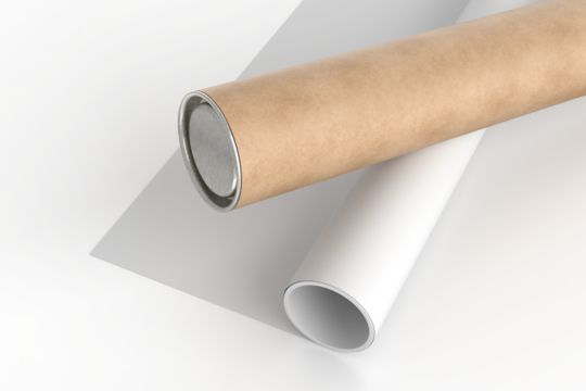3D Realistic cardboard tube mockup with cap and rolled white poster inside, isolated. Blank kraft paper tube for showcasing artwork, poster, shipping posters, artwork, documents or parcel packaging