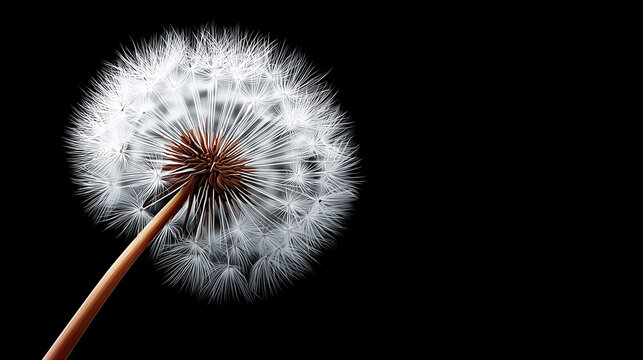 Close up of a dandelion against black background with delicate white seeds and detailed structure.