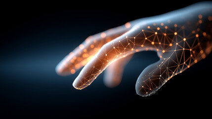 Futuristic digital hand composed of glowing lines and nodes, symbolizing technology and innovation.