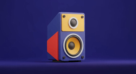 Stylized 3D illustration of a modern speaker on a blue background.