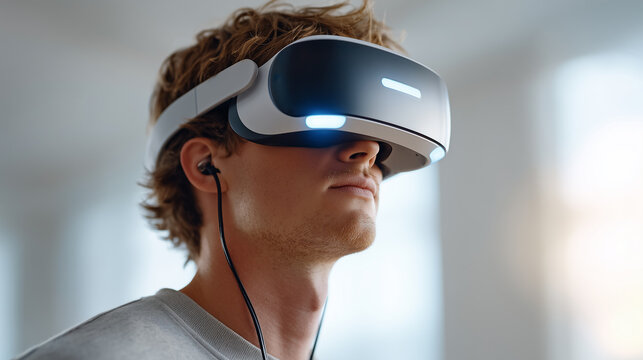 Young man experiencing virtual reality with a modern VR headset and earphones in a bright, contemporary room.