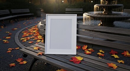 Vertical blank white picture frame mockup on a weathered wooden park bench, surrounded by vibrant autumn leaves, with a blurred park fountain and benches in the background during golden hour.