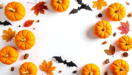 Halloween Frame with Pumpkins, Bats, and Autumn Leaves on White Background.