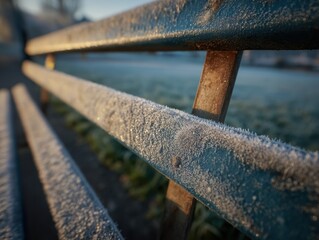 Longitudinal view frost-covered park bench, shimmering ice crystals on blue-painted metal slats, early morning sun creating glinting effect on winter landscape