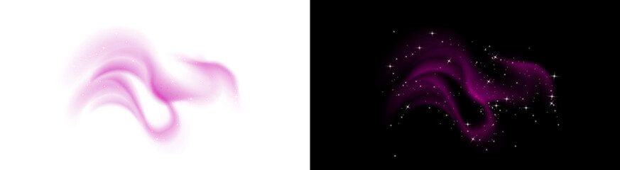 Pink magic smoke effect with sparkles. Abstract magenta vapor wave or glowing fog. Isolated transparent PNG overlay element.