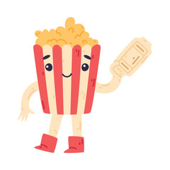 Funny Popcorn Character with Smiling Face Hold Ticket Vector Illustration