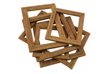 Stack of old empty wooden picture frames, rustic timber on transparent background, displaying vintage decor