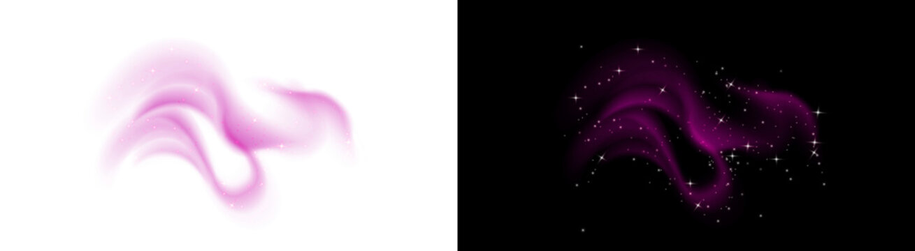 Pink magic smoke effect with sparkles. Abstract magenta vapor wave or glowing fog. Isolated transparent PNG overlay element.