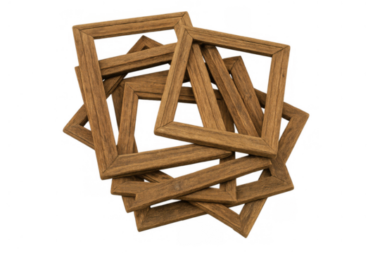 Stack of old empty wooden picture frames, rustic timber on transparent background, displaying vintage decor