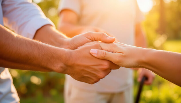 Hands of two people shaking in sunlight outdoors  