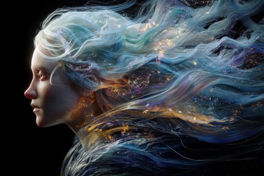 A mystical figure with ethereal flowing hair resembling cosmic strands, filled with colorful highlights and sparkles, shines in profile against the dark setting, capturing a surreal essence