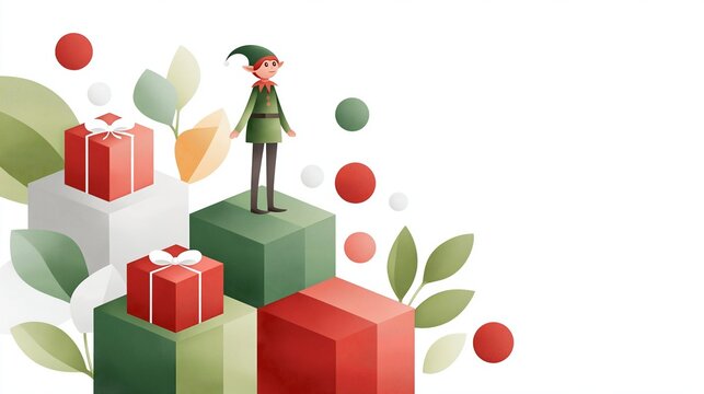 Isometric illustration of an elf standing on colorful gift boxes surrounded by festive leaves and ornaments, creating a whimsical holiday atmosphere with copy space