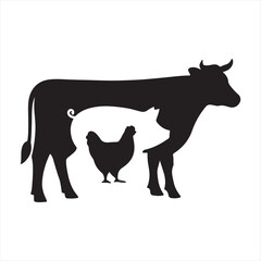 Silhouette of a cow with a chicken inside its belly representing farm animals and food production
