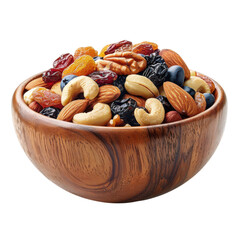 Nut and dried fruit mix in wooden bowl perfect for healthy snacking anytime of the day on transparent background