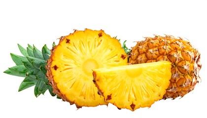 Fresh Pineapple Slices and Whole Fruit on White Background.