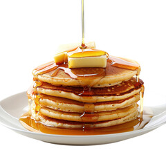 Delicious stack of fluffy pancakes topped with butter and maple syrup served on a white plate on transparent background