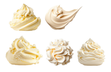 Set of creamy vanilla ice cream scoop or clotted cream. Smooth texture with swirls isolated on white background. Concept of dessert and sweet treat