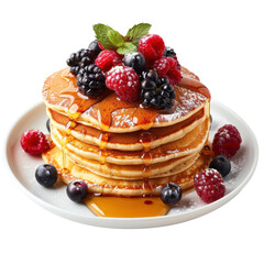 Stack of fluffy pancakes topped with fresh berries and syrup served on white plate on transparent background