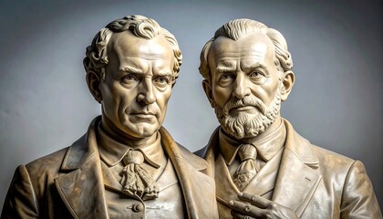 Naklejka premium Two classical busts of stern-faced gentlemen, crafted from a light-colored stone. Each portrait is detailed with realistic rendering. The figures share a similar style