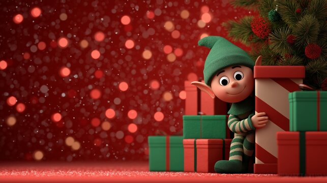 Mischievous elf illustration peeking from behind colorful gift boxes, surrounded by a festive atmosphere with sparkling lights and a decorated Christmas tree, evoking holiday cheer with
