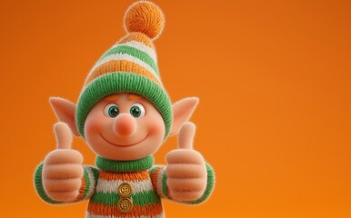 Fototapeta premium Colorful 3D illustration of a cheerful elf character with green and orange striped sweater and hat, giving thumbs up against a bright orange background, conveying joy and positivity