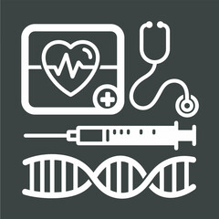 Obraz premium White medical icons E C G heart stethoscope syringe D N A on dark gray background healthcare science