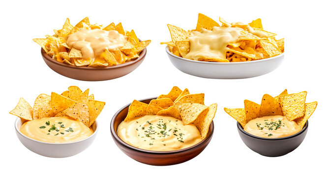 Set of bowl of creamy cheese dip garnished with herbs, surrounded by tortilla chips isolated on white background. Concept of a tasty snack or appetizer
