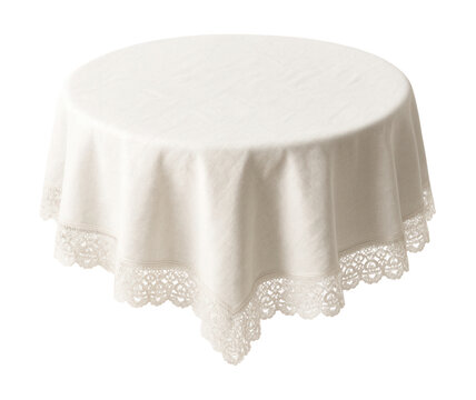 Round white linen tablecloth with lace trim, ideal for formal dining during holidays.
