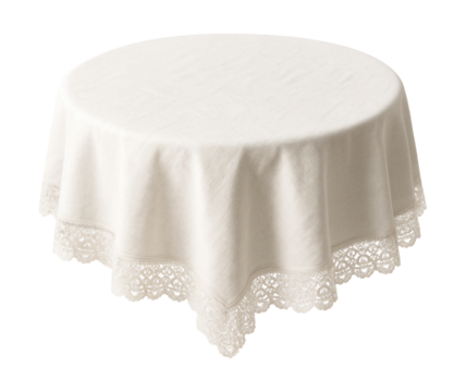 Round white linen tablecloth with lace trim, ideal for formal dining during holidays.