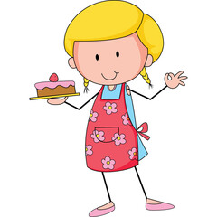 Cartoon Blonde Girl in Red Floral Apron Holding Pink Frosted Cake with Strawberry Topping Showing OK Gesture Transparent Background