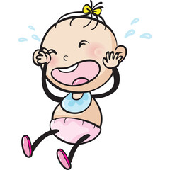Cartoon Illustration Of A Baby Crying And Wearing A Bib And Diaper With A Yellow Bow In Hair On A Transparent Background
