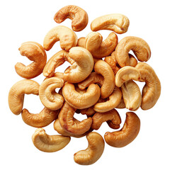 Cashew nuts arranged in a pile showcasing their natural shape and color while highlighting their delicious texture on transparent background