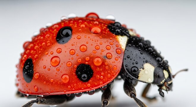 Close-up of a vibrant red ladybug with water droplets on its shell.