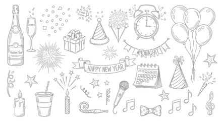 Collection of hand-drawn festive elements, including champagne, balloons, and party decorations.