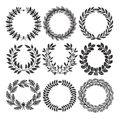 Botanical Wreaths, A collection of diverse black silhouette vector wreaths made from leaves and branches, on a light background (2).eps