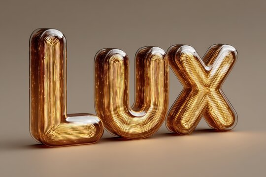 Lux neon sign with vintage style letters, showing golden glow. 3D Rendering of the text on a simple surface, the letters L, U, and X stand out with bright light