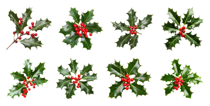 PNG Festive holly leaves with berries, element set on transparent background - Powered by Adobe