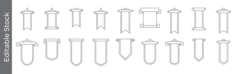 Hanging banner and ribbon line icon set – editable outline symbols of flag, pennant, award, and decorative signage
