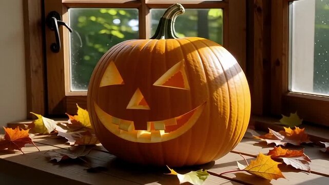 Carved Halloween pumpkin with a smiling face sits on a windowsill surrounded by autumn leaves.
