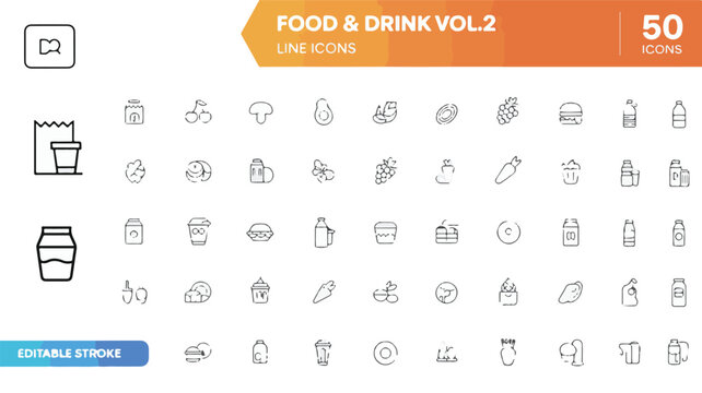 A collection of 50 minimalist line art icons arranged in a grid format, labeled FOOD & DRINK vol.2 and LINE ICONS with 50 ICONS in an orange banner at the top.  