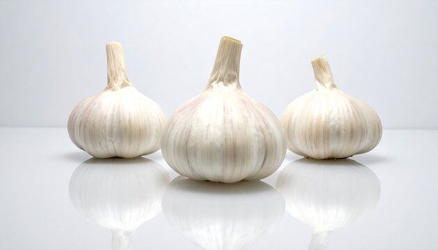 Three whole garlic bulbs sit upright on a reflective white surface against a light gray backdrop