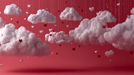 White clouds on a pink background with falling white particles and hearts. A Valentine's Day concept, banner, illustration