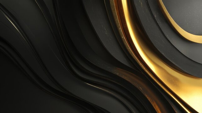 Abstract swirl of curved layers in black and gold hues creating a dynamic visual texture for modern design and artistic expression