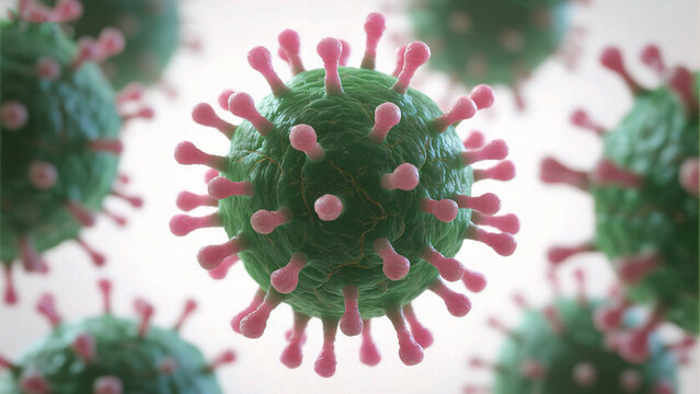 Virus cells with green bodies and pink spikes