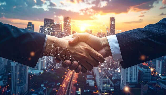 Two business people clasp hands in a handshake, signifying agreement, over a city skyline at dusk, with digital lines