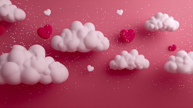 White clouds on a pink background with falling white particles and hearts. A Valentine's Day concept, banner, illustration